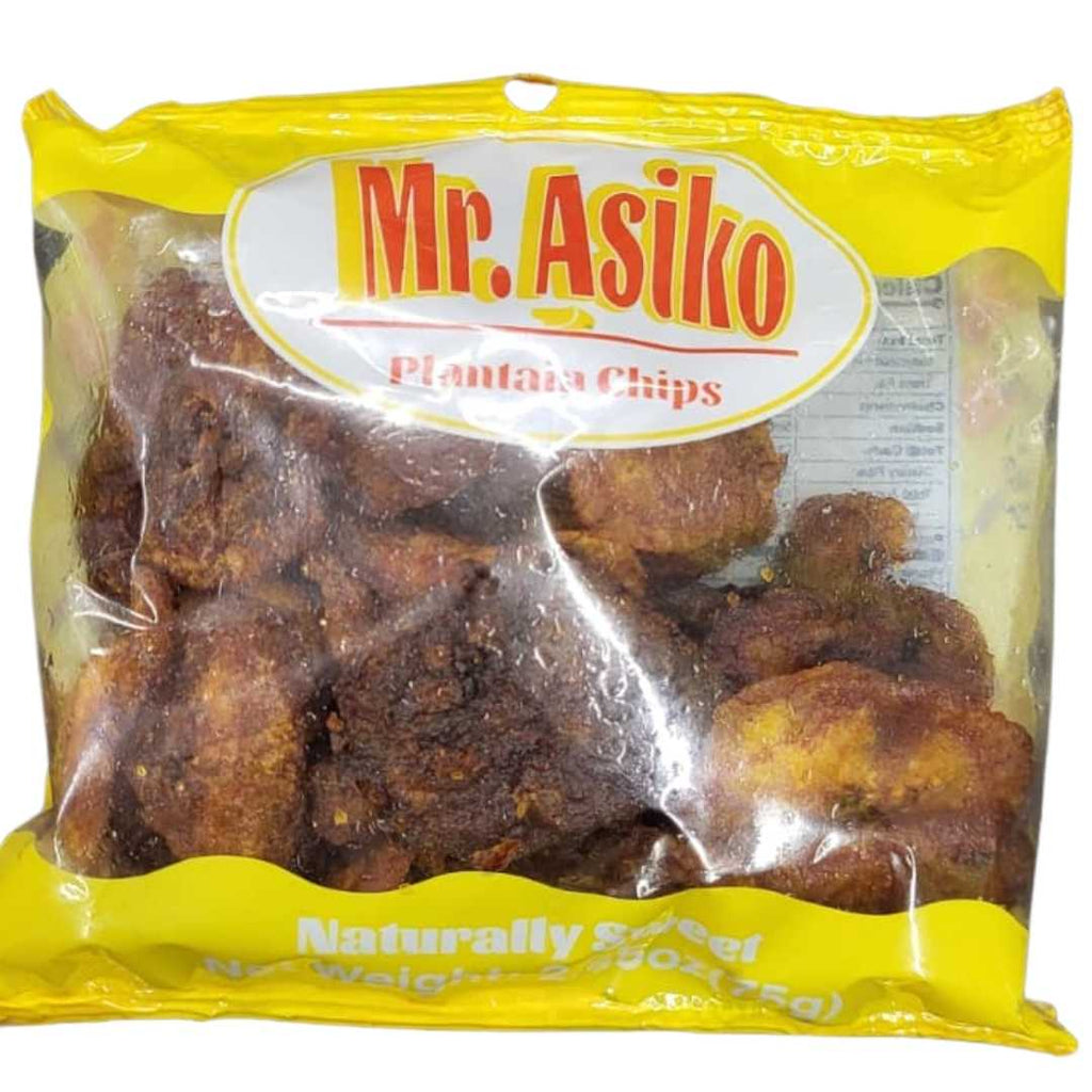 Mr. Asiko Plantain Chips – Naturally sweet plantain chips in a yellow 75g bag, featuring golden-brown, crispy slices made from ripe plantains.