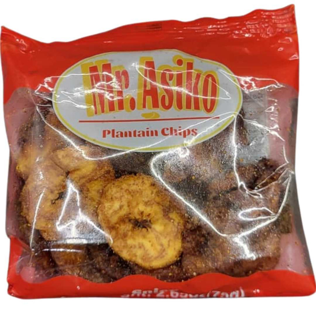 Mr. Asiko Plantain Chips – Crunchy, golden-brown plantain chips in a red packet, showcasing a delicious traditional African snack.