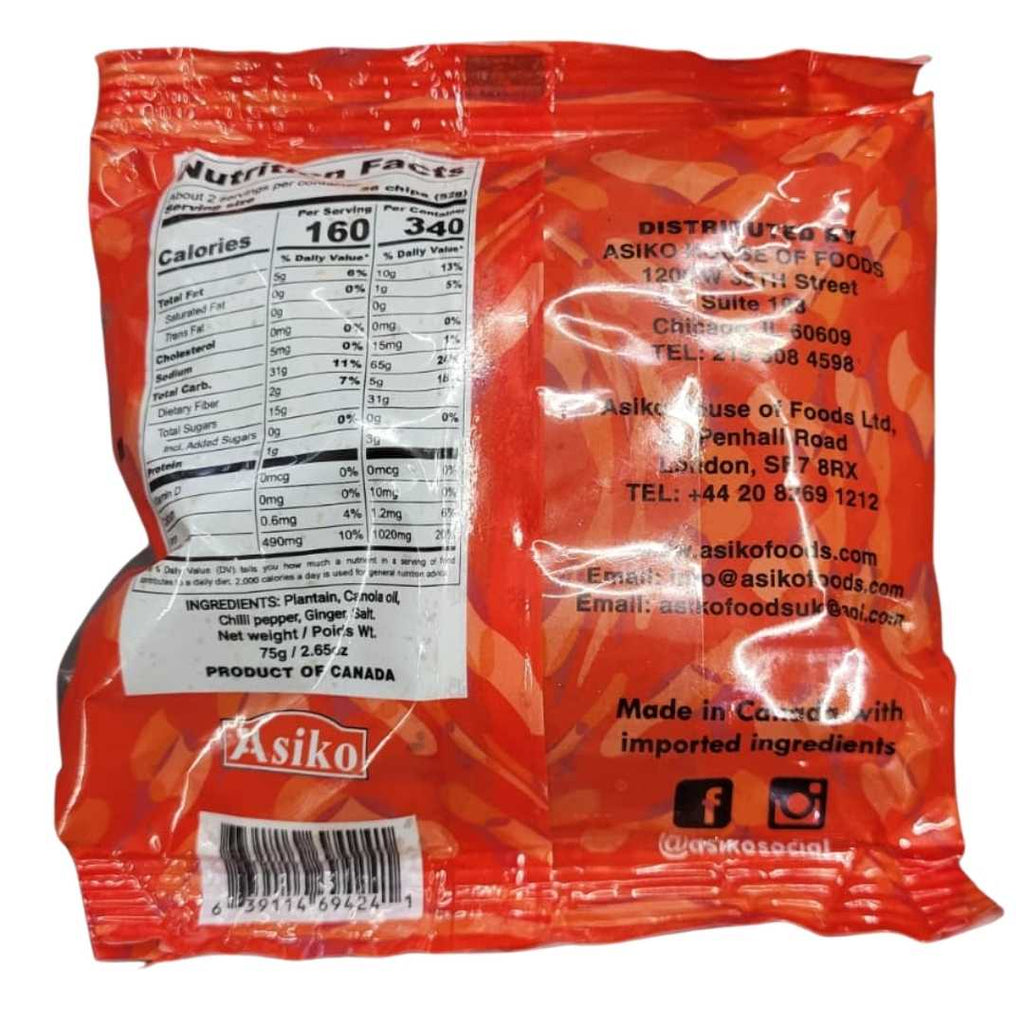Mr. Asiko Plantain Chips – Crunchy, golden-brown plantain chips in a red packet, showcasing a delicious traditional African snack.