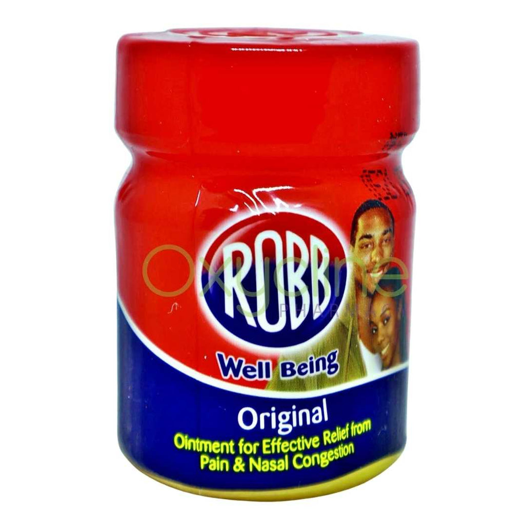 Robb Original Ointment by PZ Cussons in a green 23ml jar, labeled with product branding, used for relief of colds, nasal congestion, and muscle aches.