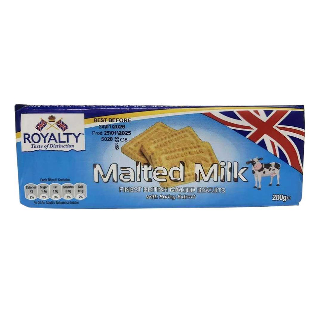 Package of Royalty Malted Milk Biscuits (200g) showing the front label. The blue and white packaging features two rectangular biscuits with the “Malted Milk” imprint, a cow illustration, and a section of the British flag in red, white, and blue. The Royalty logo with small British flags appears on the left, and nutritional information is displayed at the bottom left corner.