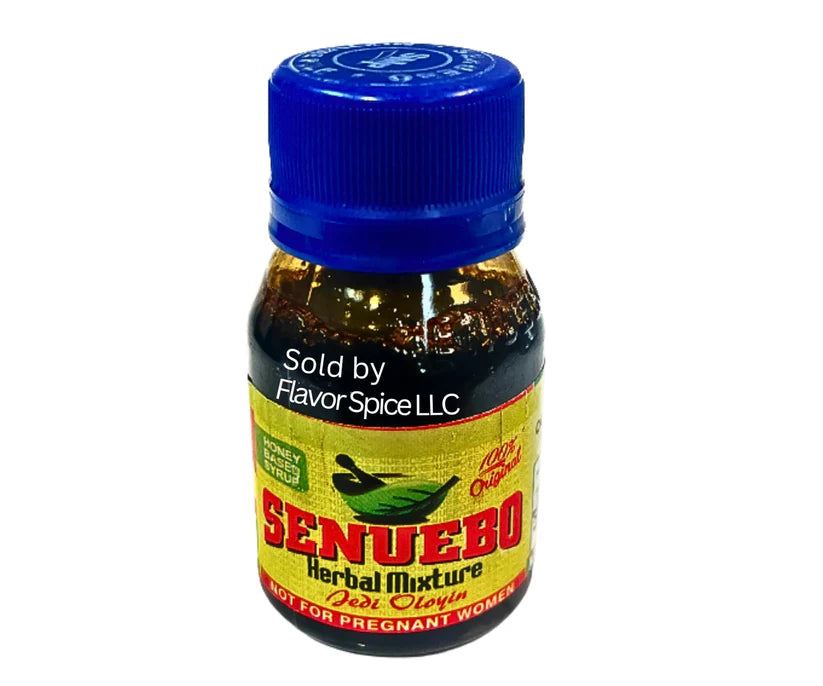 A small bottle of SENUEDO Herbal Mixture with a blue cap and a green label. The label reads 'SENUEBO Herbal Mixture Ise Oloyin,' and includes warnings such as 'Honey Based Syrup,' '100% Original,' and 'Not for Pregnant Women.