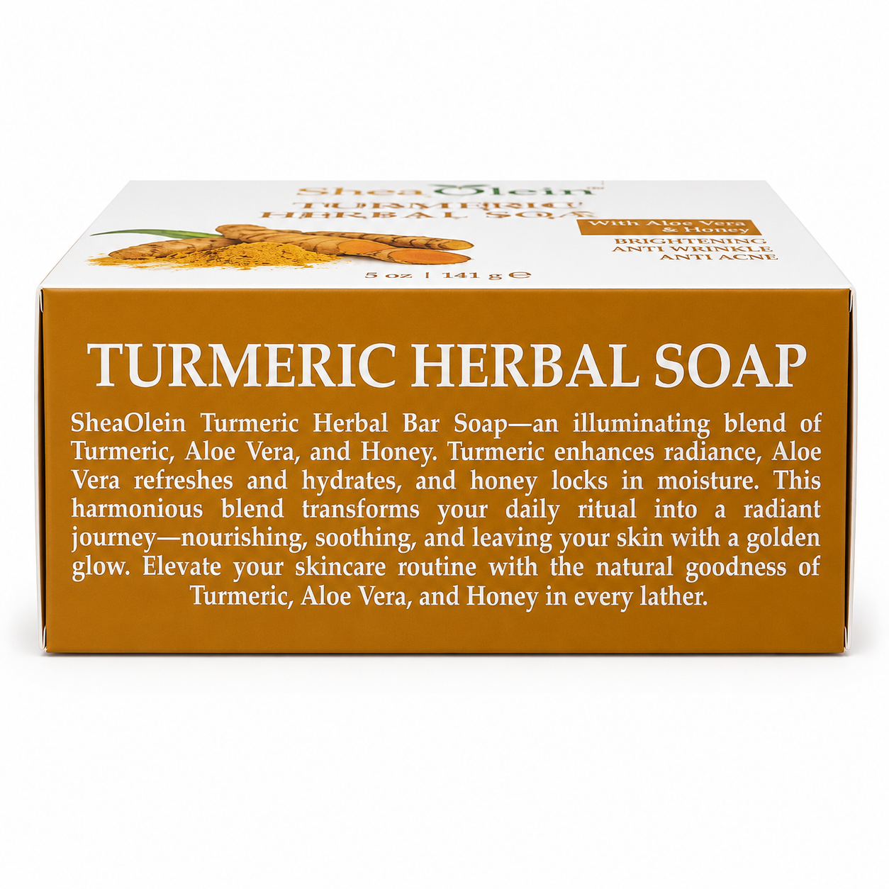 Shea Olein Turmeric Herbal Soap with aloe vera and honey in branded packaging, a gentle cleansing bar for smooth, fresh, and radiant-looking skin.