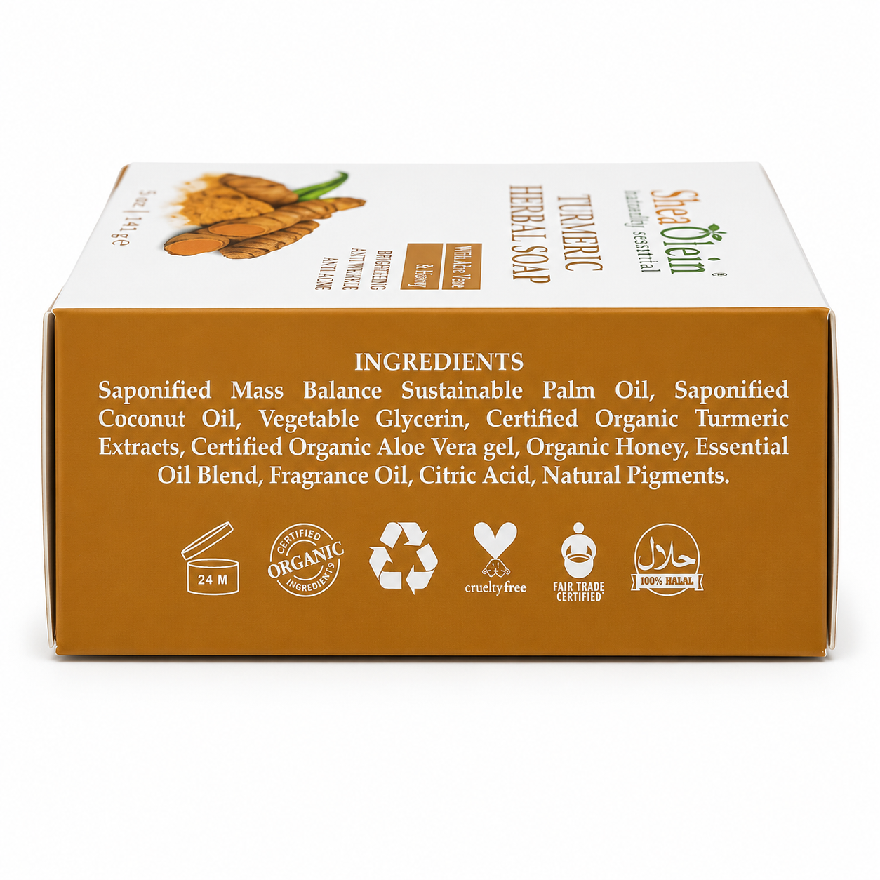 Shea Olein Turmeric Herbal Soap with aloe vera and honey in branded packaging, a gentle cleansing bar for smooth, fresh, and radiant-looking skin.