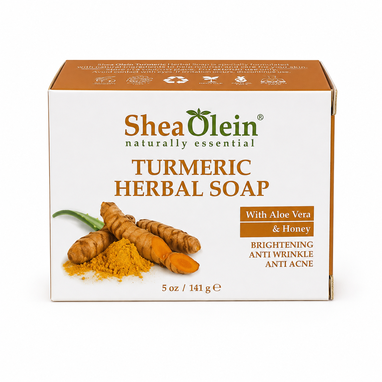 Shea Olein Turmeric Herbal Soap with aloe vera and honey in branded packaging, a gentle cleansing bar for smooth, fresh, and radiant-looking skin.