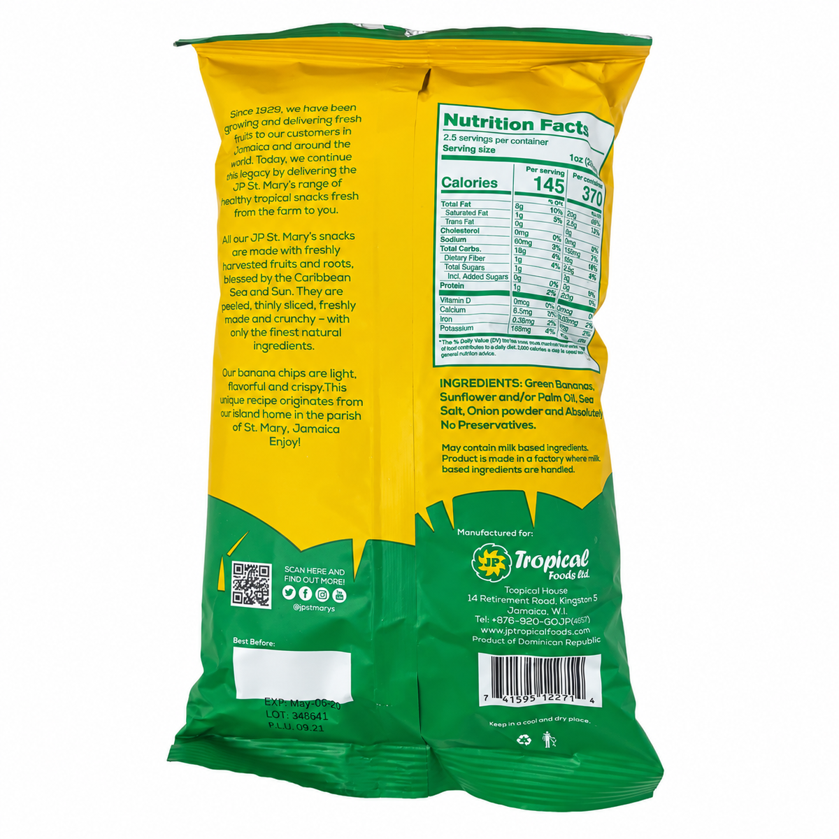 St. Mary's Banana Chips, crispy Caribbean-style banana snack with a delicious crunch and rich banana flavor, perfect for enjoying as a convenient everyday snack or on-the-go treat.