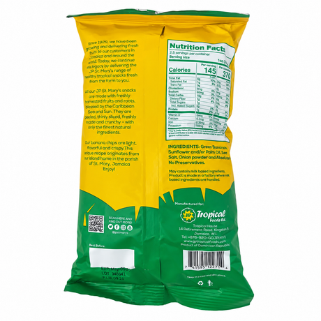 St. Mary's Banana Chips, crispy Caribbean-style banana snack with a delicious crunch and rich banana flavor, perfect for enjoying as a convenient everyday snack or on-the-go treat.