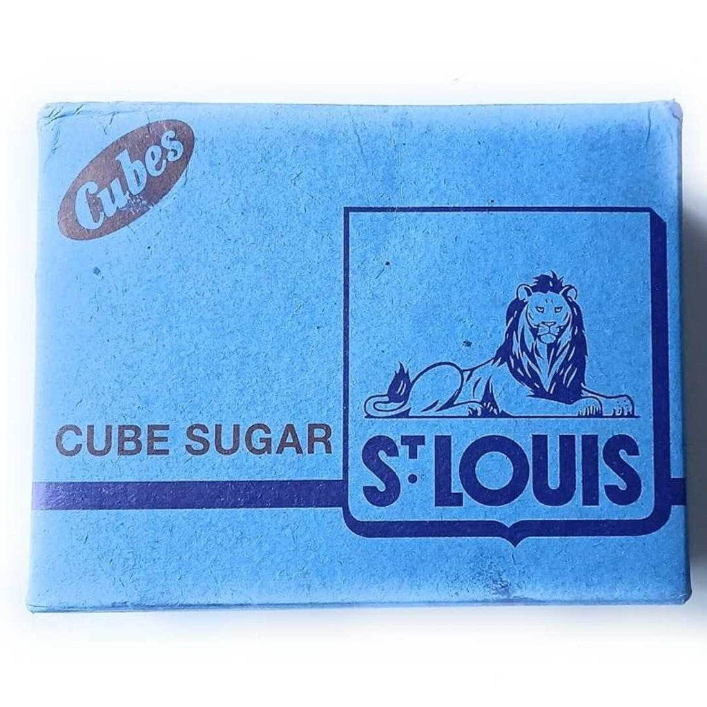 A box of St. Louis brand sugar cubes, neatly stacked white cubes used for sweetening beverages like tea and coffee.