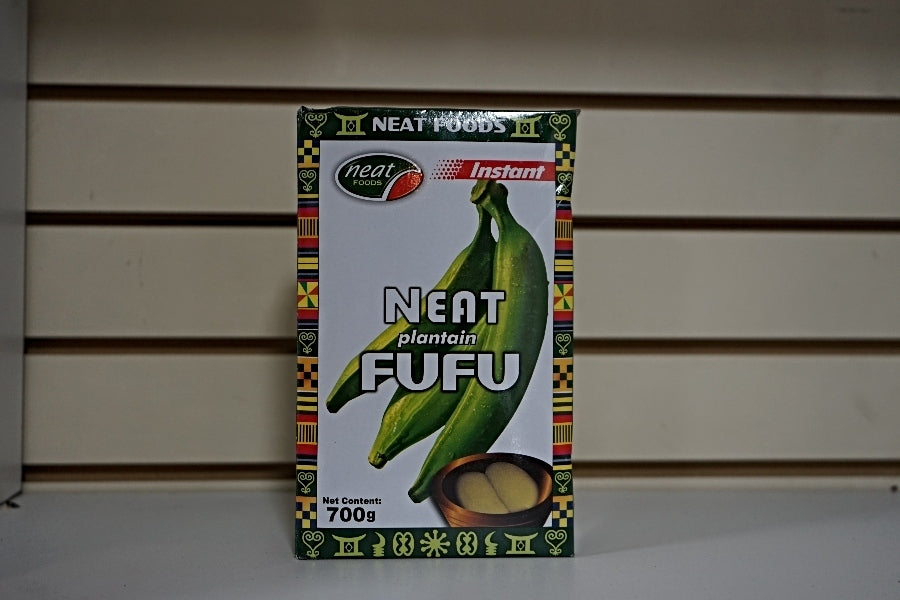 Box of Neat Plantain Fufu Flour, showing plantains and a bowl of fufu with soup on the packaging, designed with colorful African patterns.