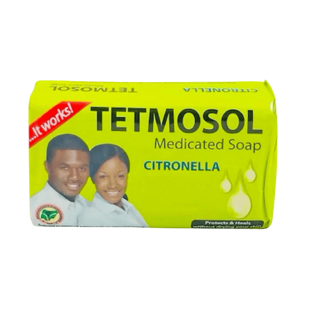 Tetmosol Medicated Soap Citronella packaging with two people on a yellow background