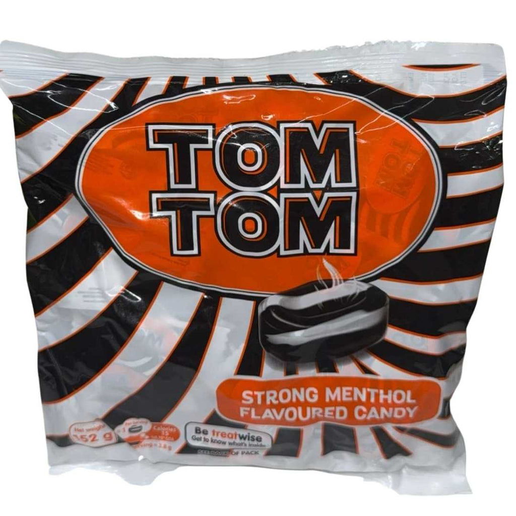 A pack of TomTom Menthol Candy, featuring individually wrapped round candies in black and silver packaging. Known for its strong menthol flavor that refreshes the breath.