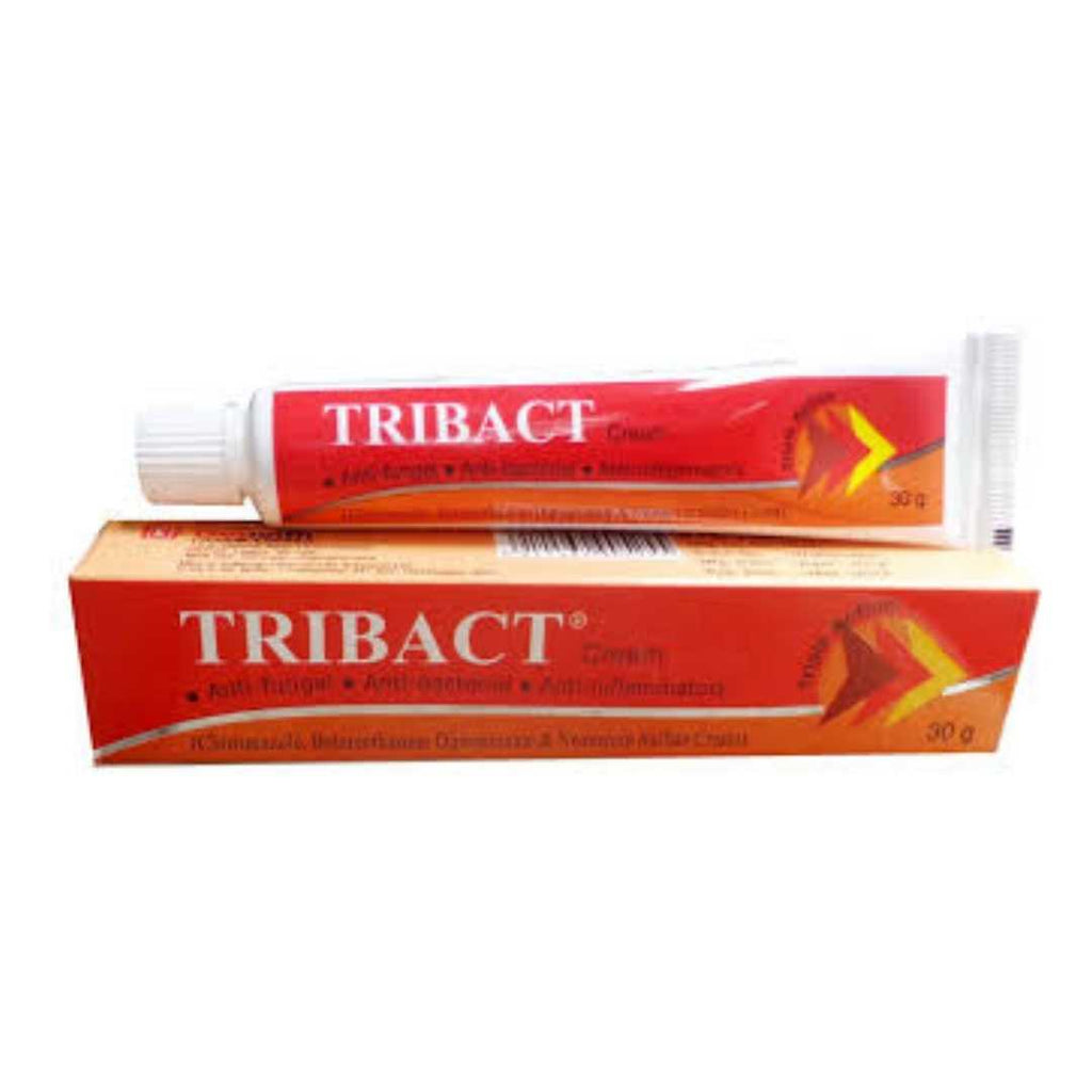 Tube of Tribact 30g Cream – a topical antibacterial and antifungal medication used to treat skin infections. The packaging is white with red and blue labeling, showing the product name and key ingredients.