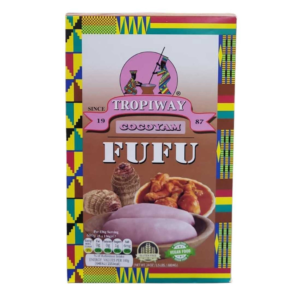 Box of Tropiway Cocoyam Fufu Flour, 24 oz (680g), showing a bowl of fufu served with soup and cocoyams on the packaging, decorated with colorful African patterns.