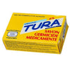 Tura Germicidal Medicated Soap 65g bar in white and blue packaging, designed to help treat skin conditions and kill germs.