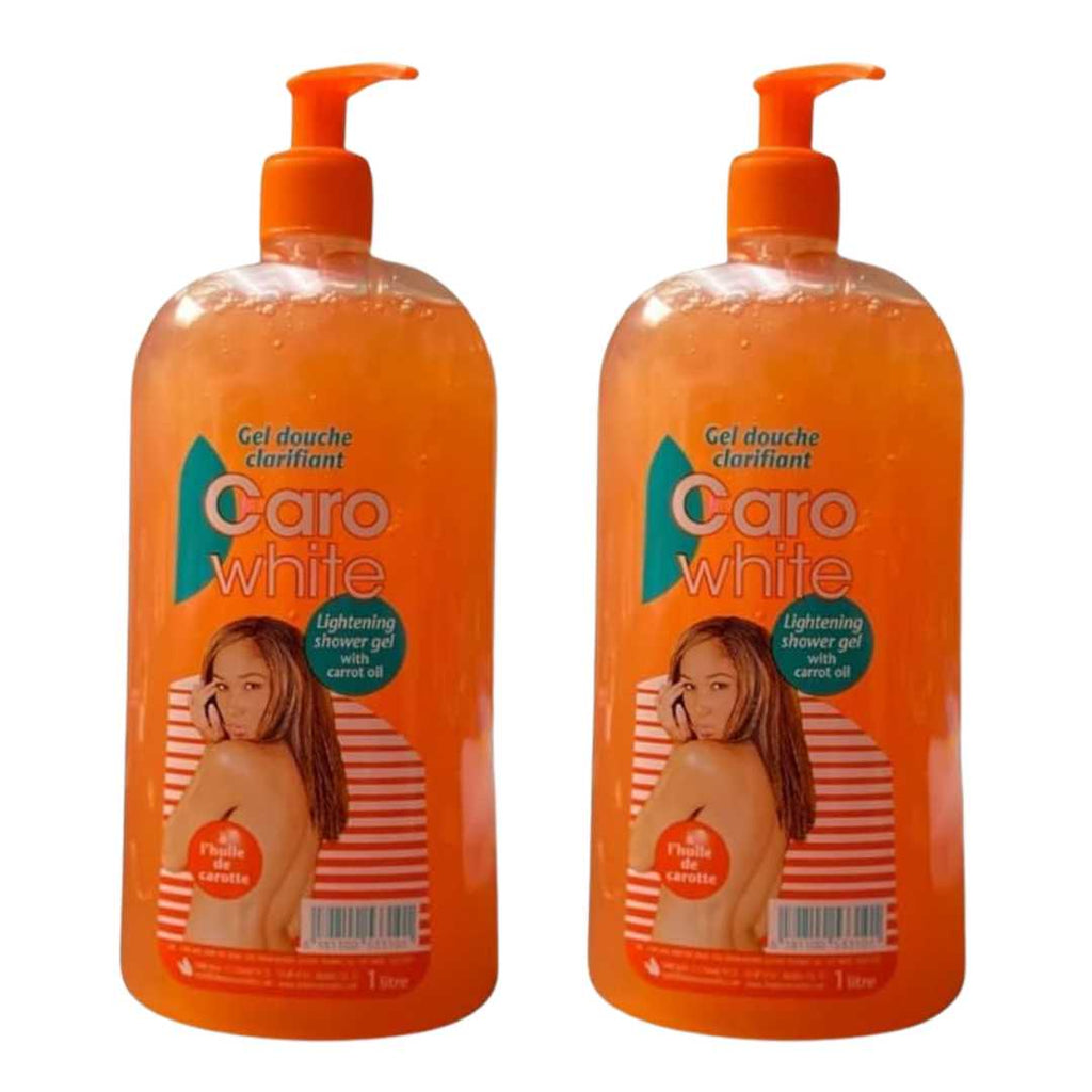 Two bottles of Caro White shower gel on a white background