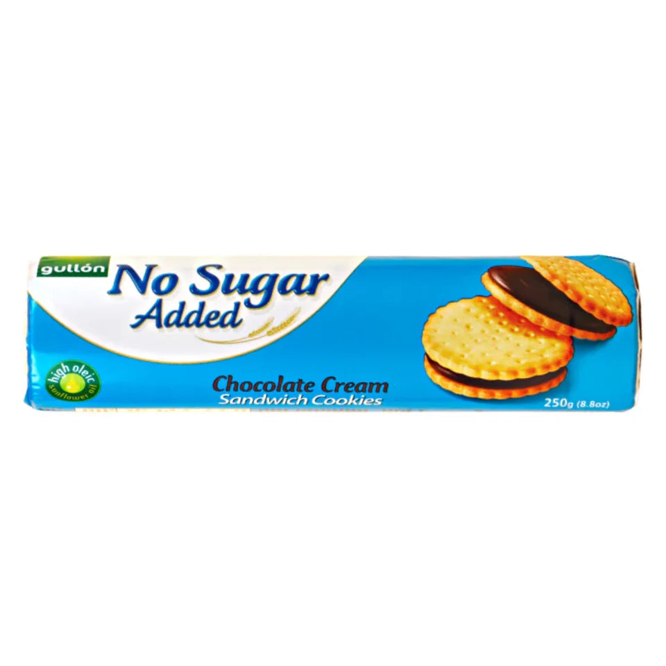 Gullón No Sugar Added Biscuits – cylindrical blue and white package displaying sandwich biscuits, one with a chocolate filling. The packaging highlights “0g trans fat per serving” and “cholesterol free,” emphasizing a healthier snack option.