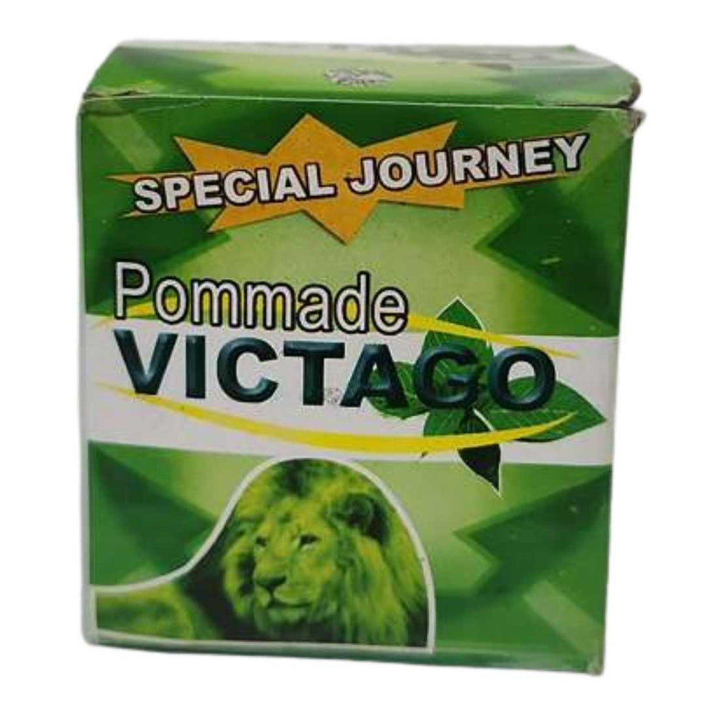 Box of Pommade Victago herbal balm “Special Journey” with a green design and lion image, used for soothing muscle and joint pain.