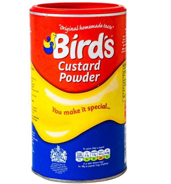Bird's Custard Powder 600g container – classic red and yellow packaging with logo and product label on front.