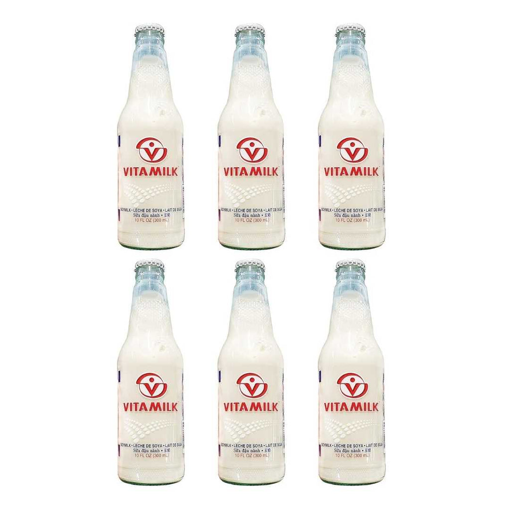 Pack of six 300 ml Vitamilk Soy Milk bottles, original flavor, in clear glass bottles with red caps