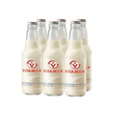 Pack of six 300 ml Vitamilk Soy Milk bottles, original flavor, in clear glass bottles with red caps