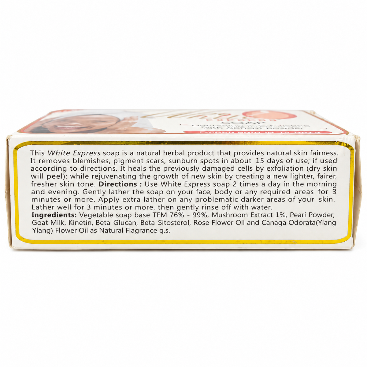 White Express Soap 7 oz in branded packaging, exfoliating skincare bar formulated to cleanse the skin, remove impurities, and help promote a smoother, brighter, more radiant-looking complexion.