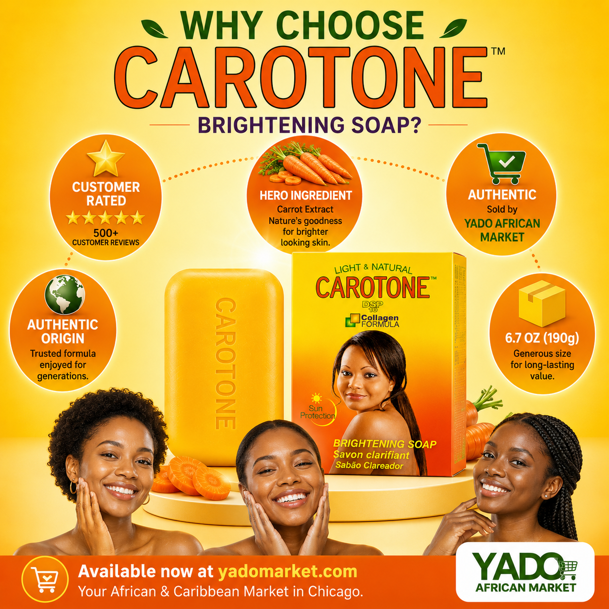Carotone brightening soap advertisement with product and benefits on a yellow background