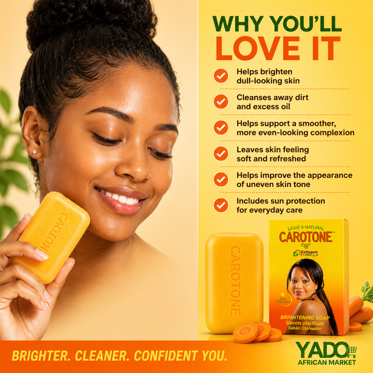 Woman holding a Carotone soap bar with product features listed on a yellow background