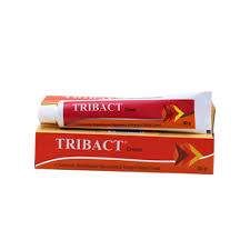 Tube of Tribact 30g Cream – a topical antibacterial and antifungal medication used to treat skin infections. The packaging is white with red and blue labeling, showing the product name and key ingredients.