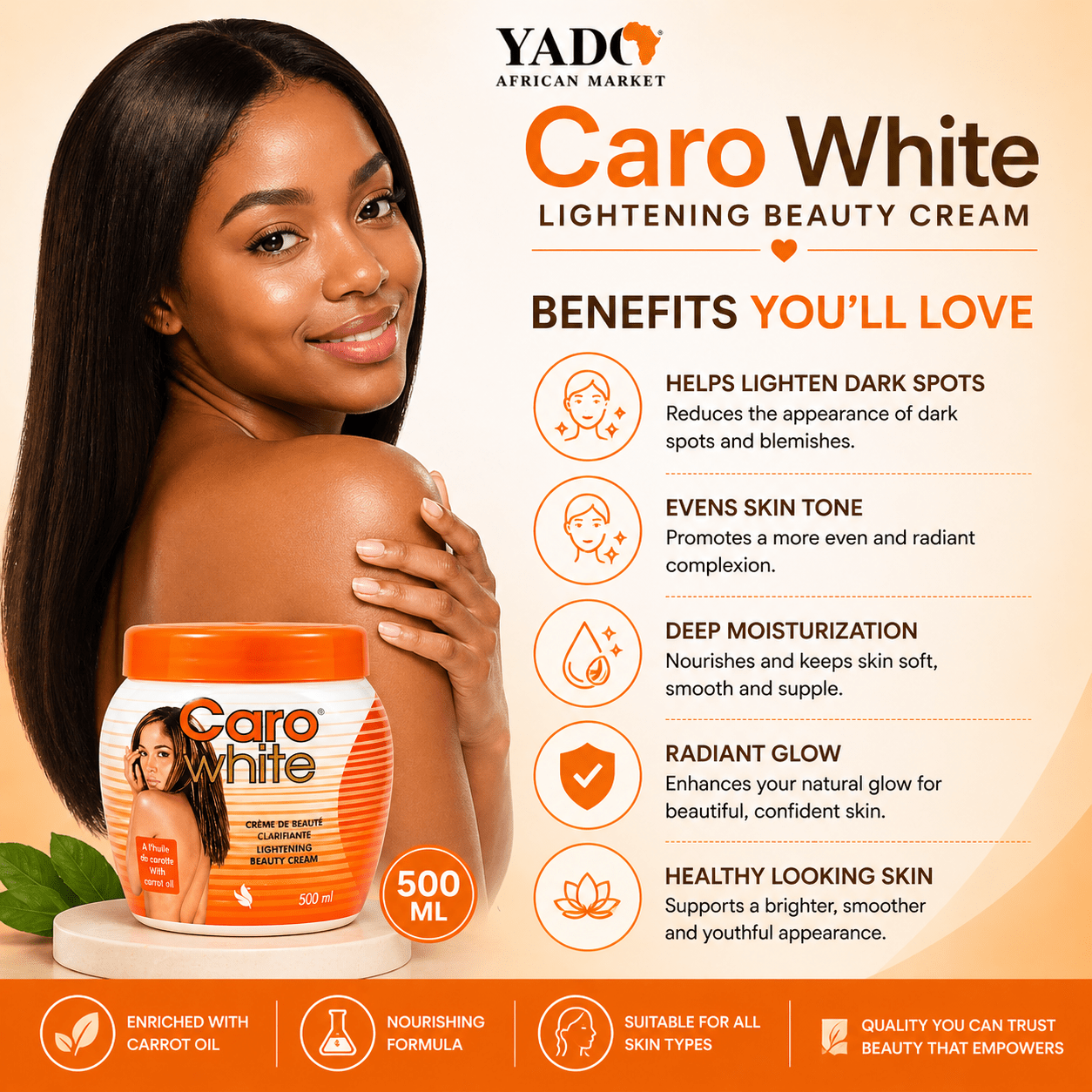 Caro White Lightening Beauty Cream - 500ml Jar, Radiant Skin Formula - Yado African & Caribbean Market