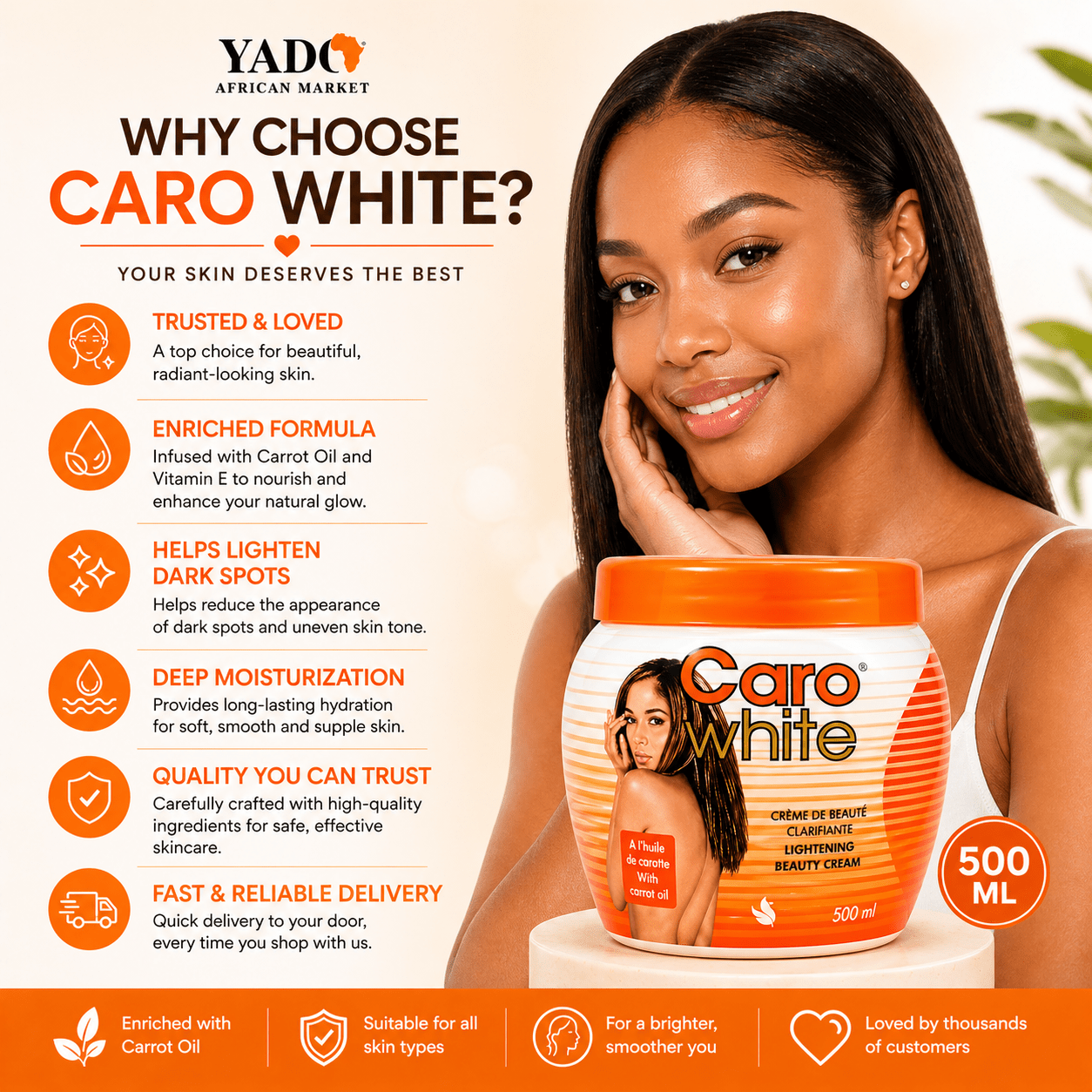 Caro White Lightening Beauty Cream - 500ml Jar, Radiant Skin Formula - Yado African & Caribbean Market