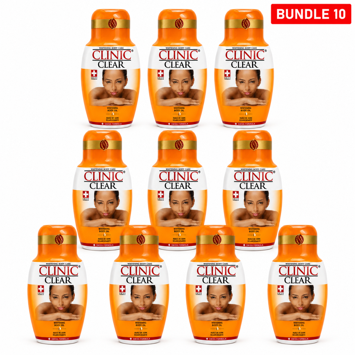 linic Clear Whitening Body Oil 125ml, moisturizing skincare oil designed to nourish and soften skin while helping promote a smoother, more even-looking, and radiant complexion for daily body care, pack of 10