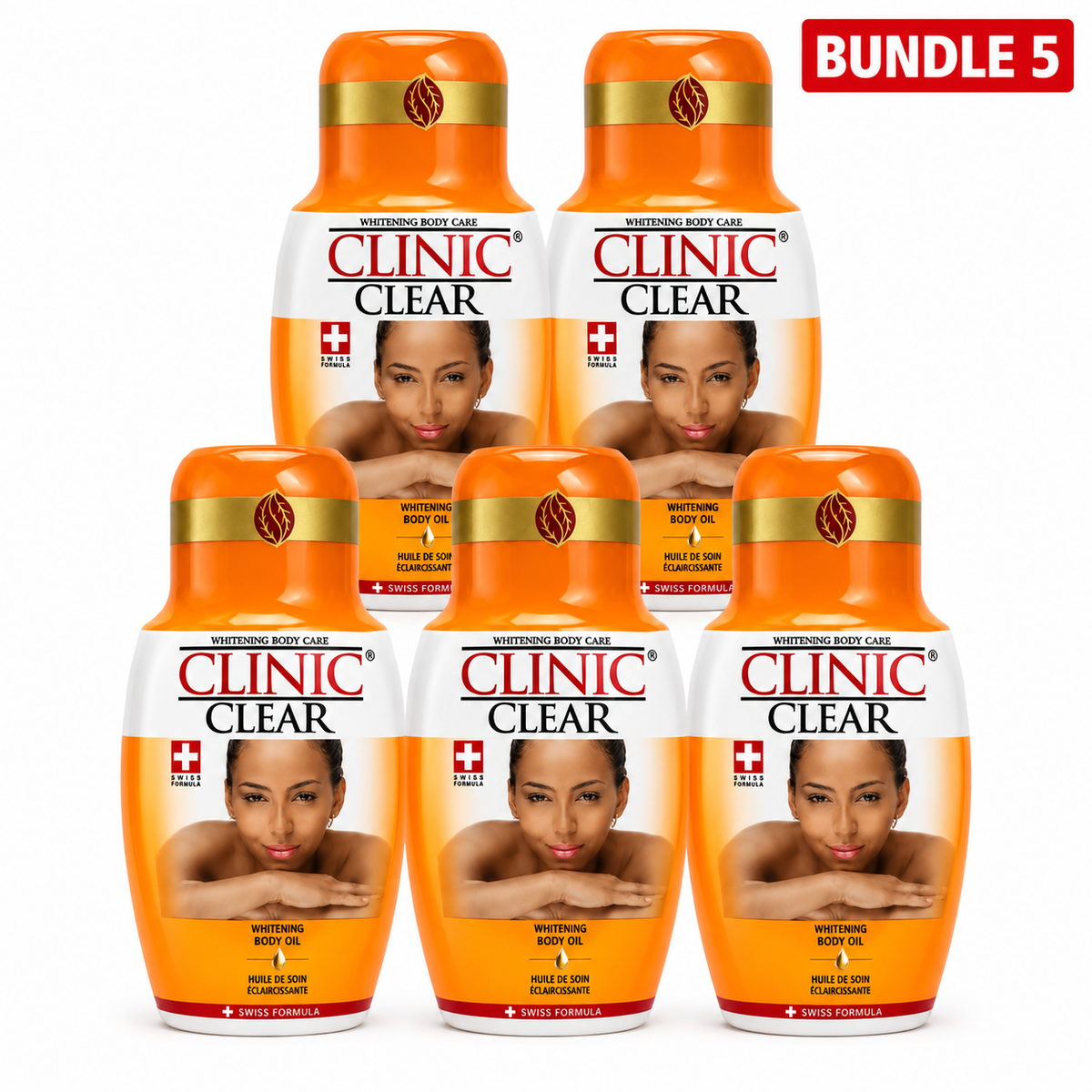 linic Clear Whitening Body Oil 125ml, moisturizing skincare oil designed to nourish and soften skin while helping promote a smoother, more even-looking, and radiant complexion for daily body care, pack of 5