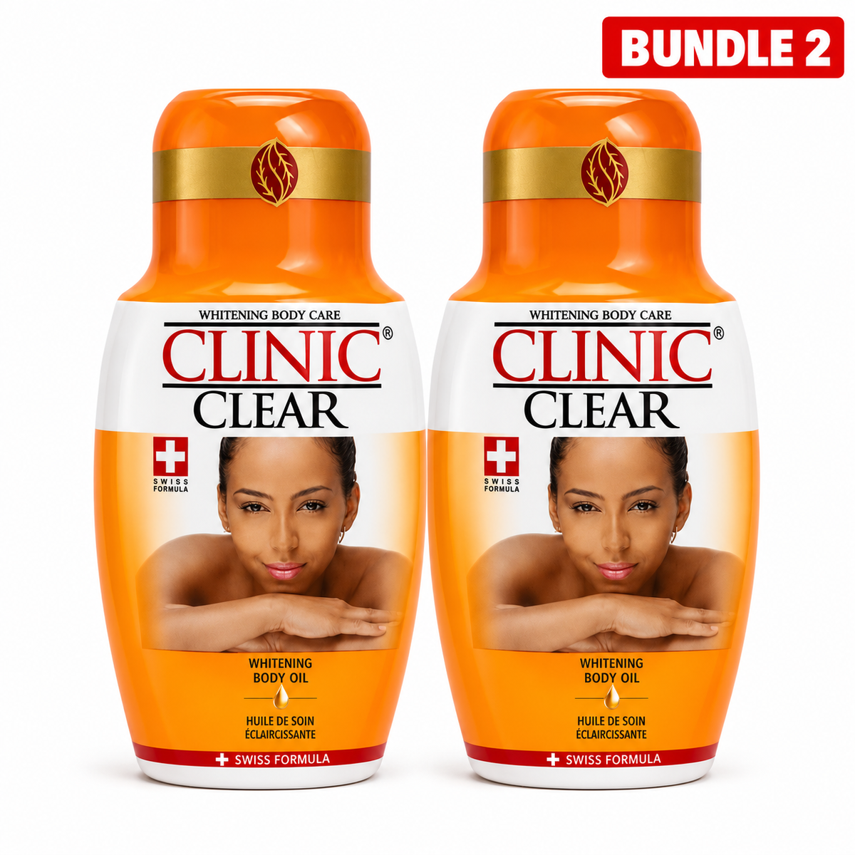 linic Clear Whitening Body Oil 125ml, moisturizing skincare oil designed to nourish and soften skin while helping promote a smoother, more even-looking, and radiant complexion for daily body care, pack of 2