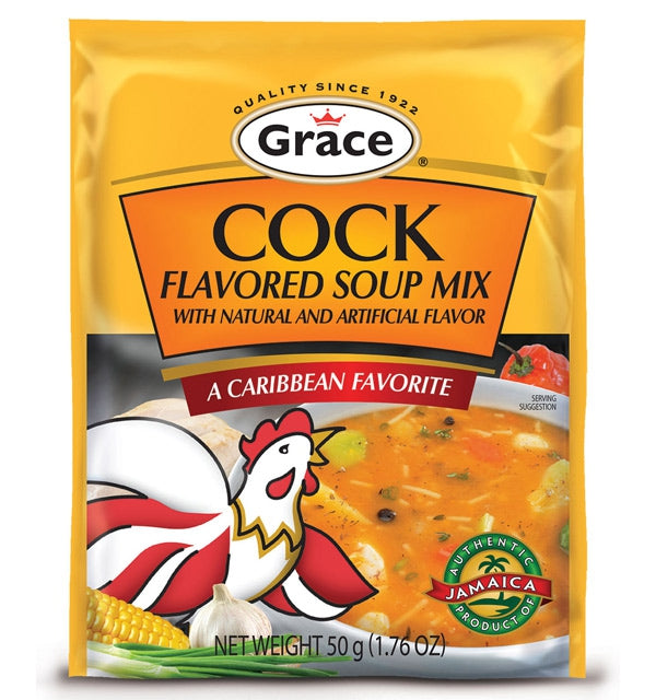 Grace Cock Flavoured Soup Mix – Authentic Jamaican chicken-flavored soup mix with herbs, spices, and noodles for a hearty Caribbean taste.
