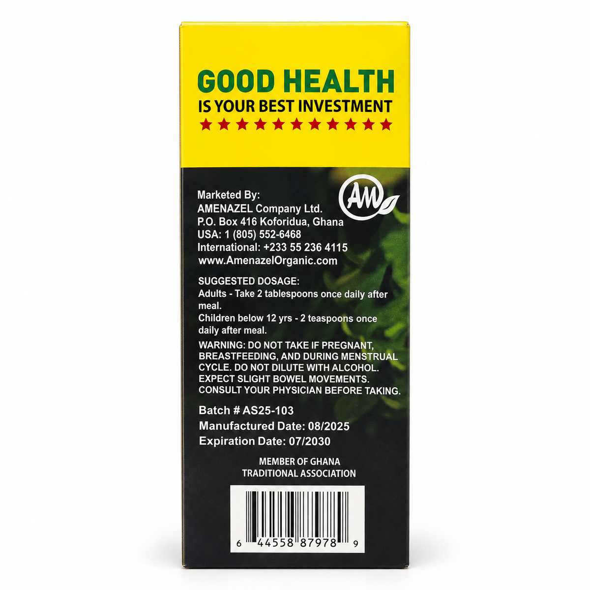 Amenazel Soursop Bitters box, directions panel