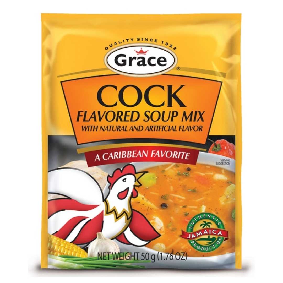 Grace Cock Flavored Soup Mix in branded packaging, Caribbean-style soup seasoning mix with rich, savory flavor, ideal for preparing traditional soups, stews, and hearty meals.
