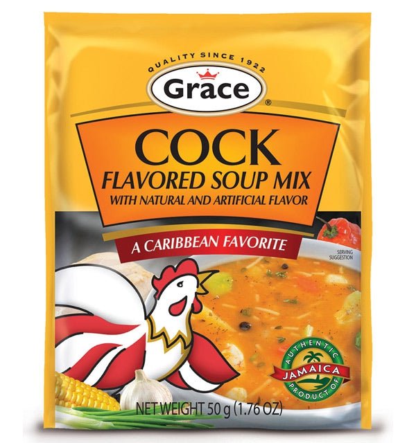 Grace Cock Flavored Soup Mix in branded packaging, Caribbean-style soup seasoning mix with rich, savory flavor, ideal for preparing traditional soups, stews, and hearty meals.