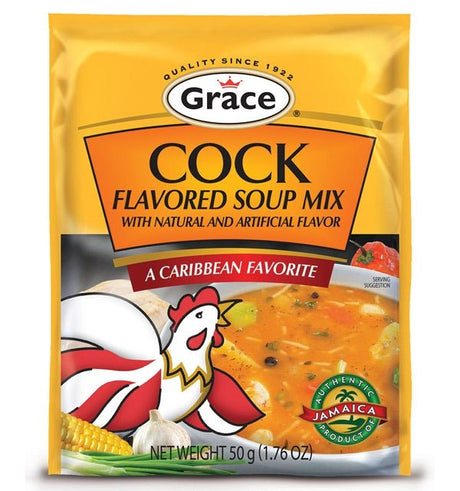 Grace Cock Flavored Soup Mix in branded packaging, Caribbean-style soup seasoning mix with rich, savory flavor, ideal for preparing traditional soups, stews, and hearty meals.