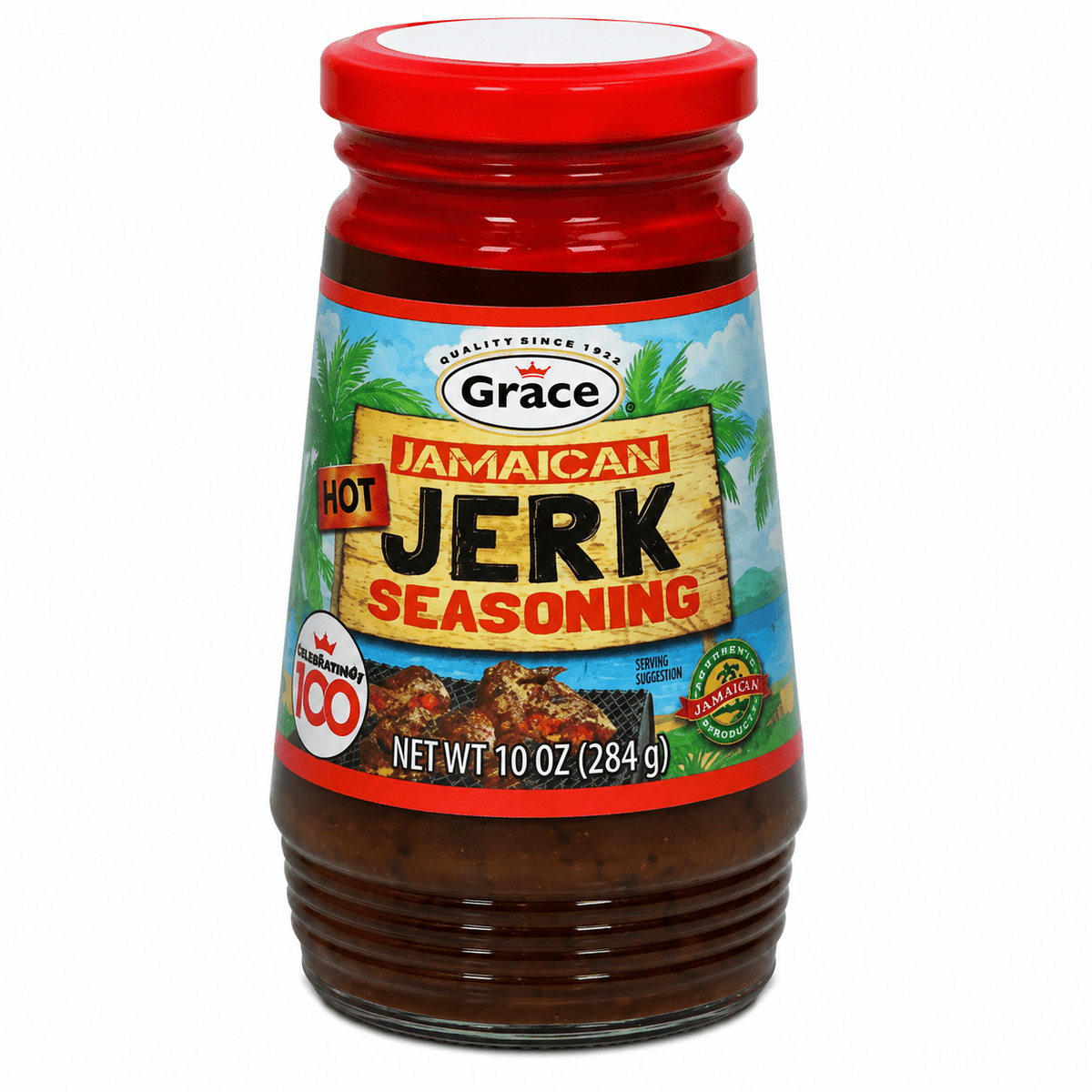 Grace Hot Jamaican Jerk Seasoning, bold Caribbean spice blend with traditional herbs and seasonings, ideal for adding authentic spicy Jamaican flavor to chicken, meat, seafood, and vegetables.