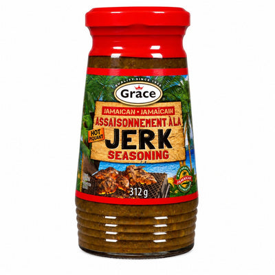 Grace Hot Jamaican Jerk Seasoning, bold Caribbean spice blend with traditional herbs and seasonings, ideal for adding authentic spicy Jamaican flavor to chicken, meat, seafood, and vegetables.