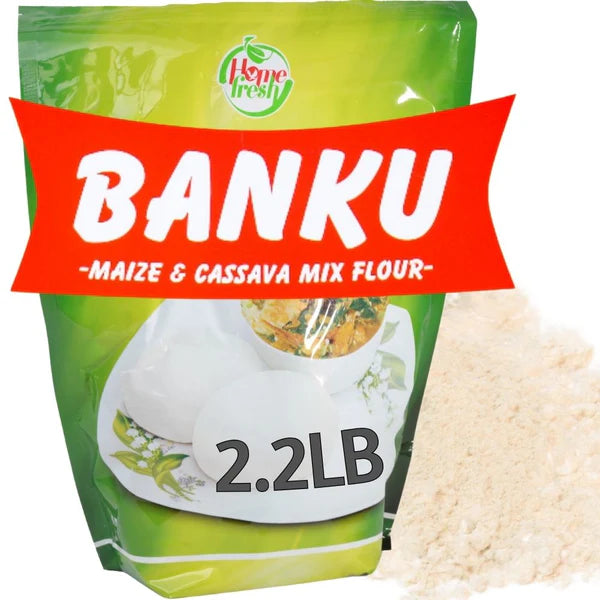 Front view of a 1kg pack of ubuy Homefresh Banku Mix Flour made with maize and cassava