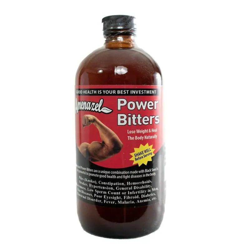 Bottle of Power Bitters with a red label on a white background