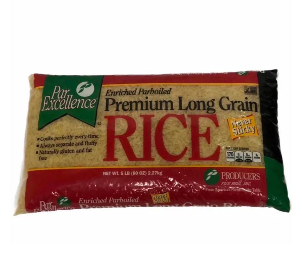 5lb bag of Par Excellence Parboiled Long Grain White Rice, premium quality rice for fluffy, separate grains and perfect cooking results.