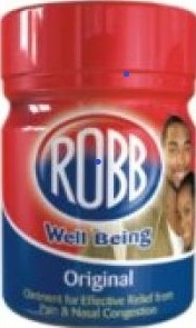 Robb Original Ointment by PZ Cussons in a green 23ml jar, labeled with product branding, used for relief of colds, nasal congestion, and muscle aches.