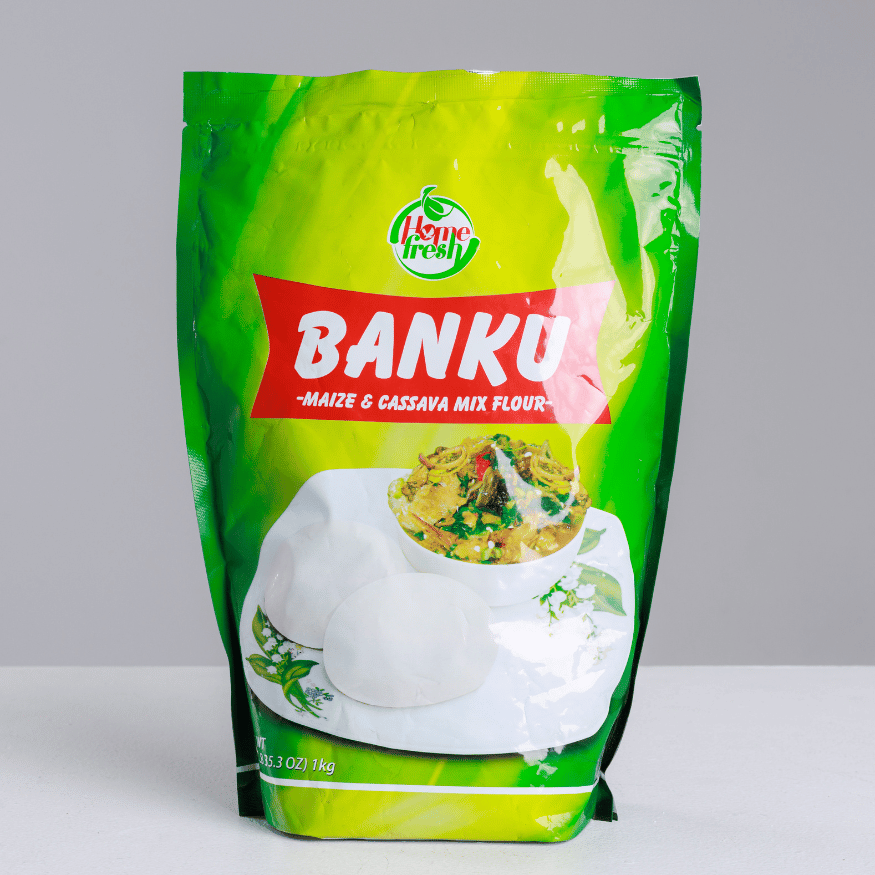 Box of Home Fresh Banku Mix, featuring an image of traditional Ghanaian banku served with pepper sauce and fish, in colorful packaging.