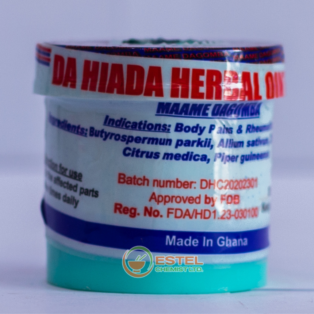 Container of Da Niada Herbal Cream by Maame Dagomba, a natural remedy made in Ghana for body pains and rheumatism relief.