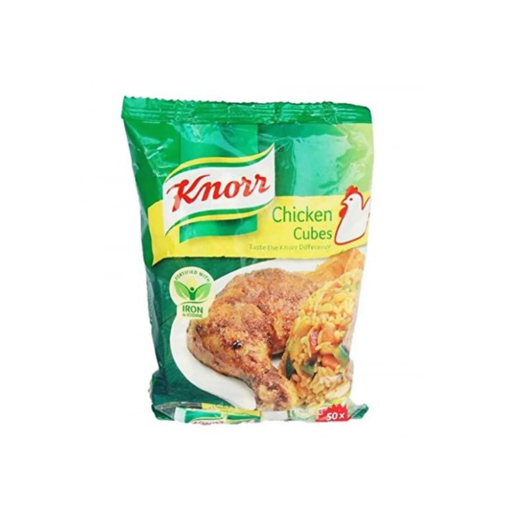 Knorr Chicken Cubes 12-pack box next to a Maggi seasoning bottle, used for enhancing flavor and aroma in savory dishes.