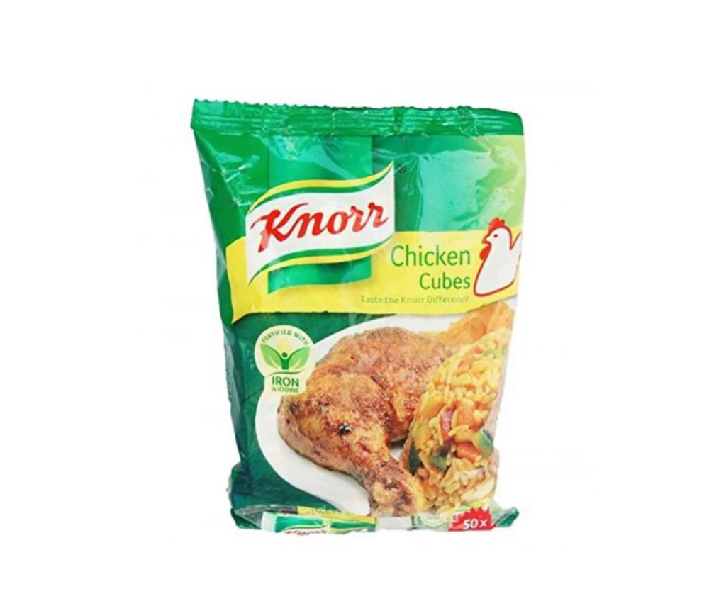 Knorr Chicken Cubes 12-pack box next to a Maggi seasoning bottle, used for enhancing flavor and aroma in savory dishes.