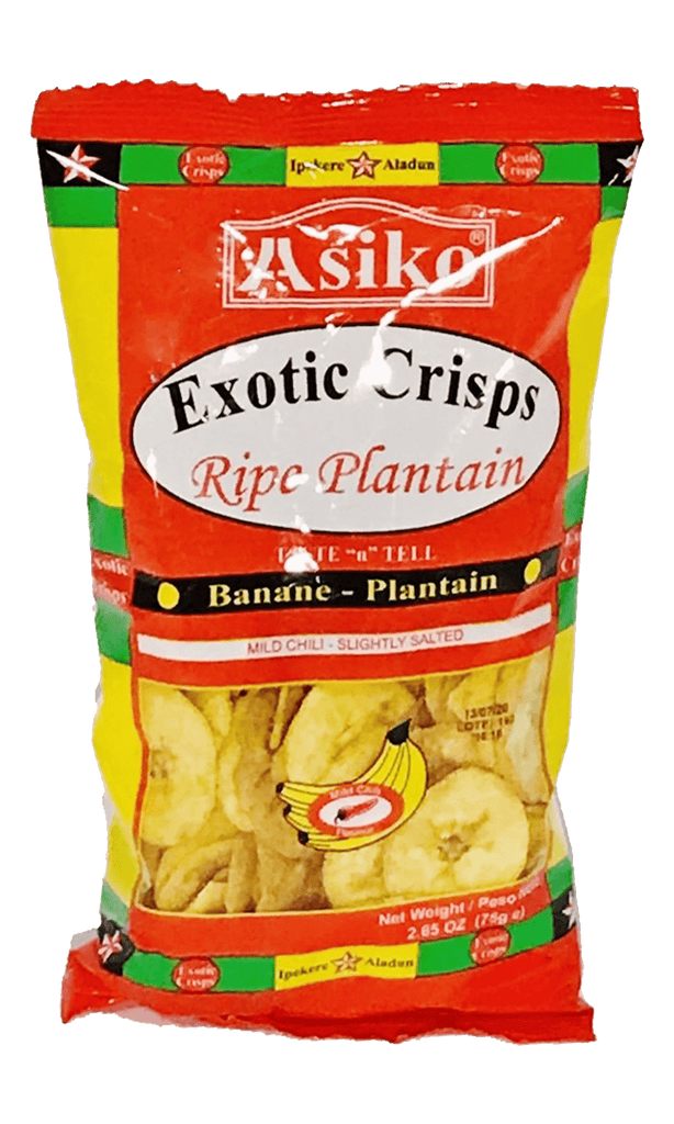 Asiko Exotic Crisps Ripe Plantain – Pack of mildly salted, golden plantain chips with mild chili flavor in a red and yellow bag.