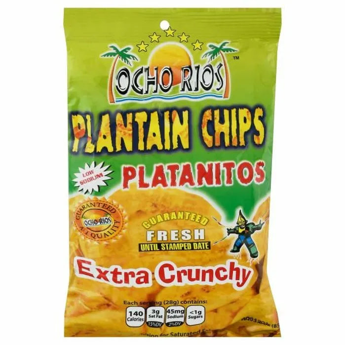 Ocho Rios Plantain Chips Extra Crunchy – Golden, thick-cut Caribbean plantain chips offering a bold, crispy texture.